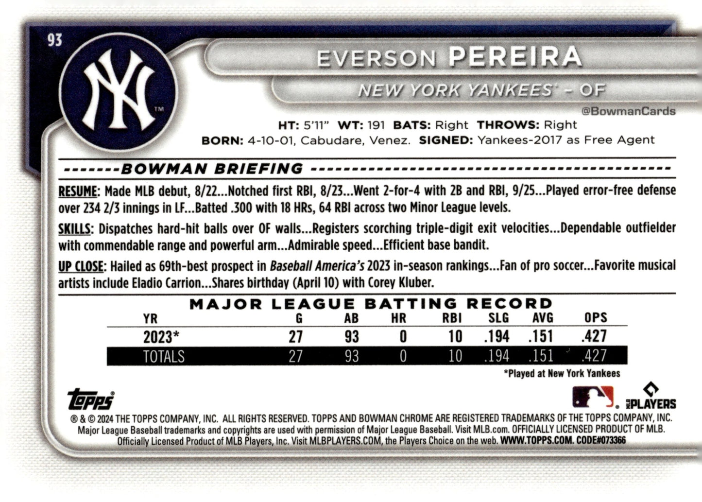 Everson Pereira 2024 Bowman Chrome Mojo Refractor RC 93 2 - Collector Store LLC