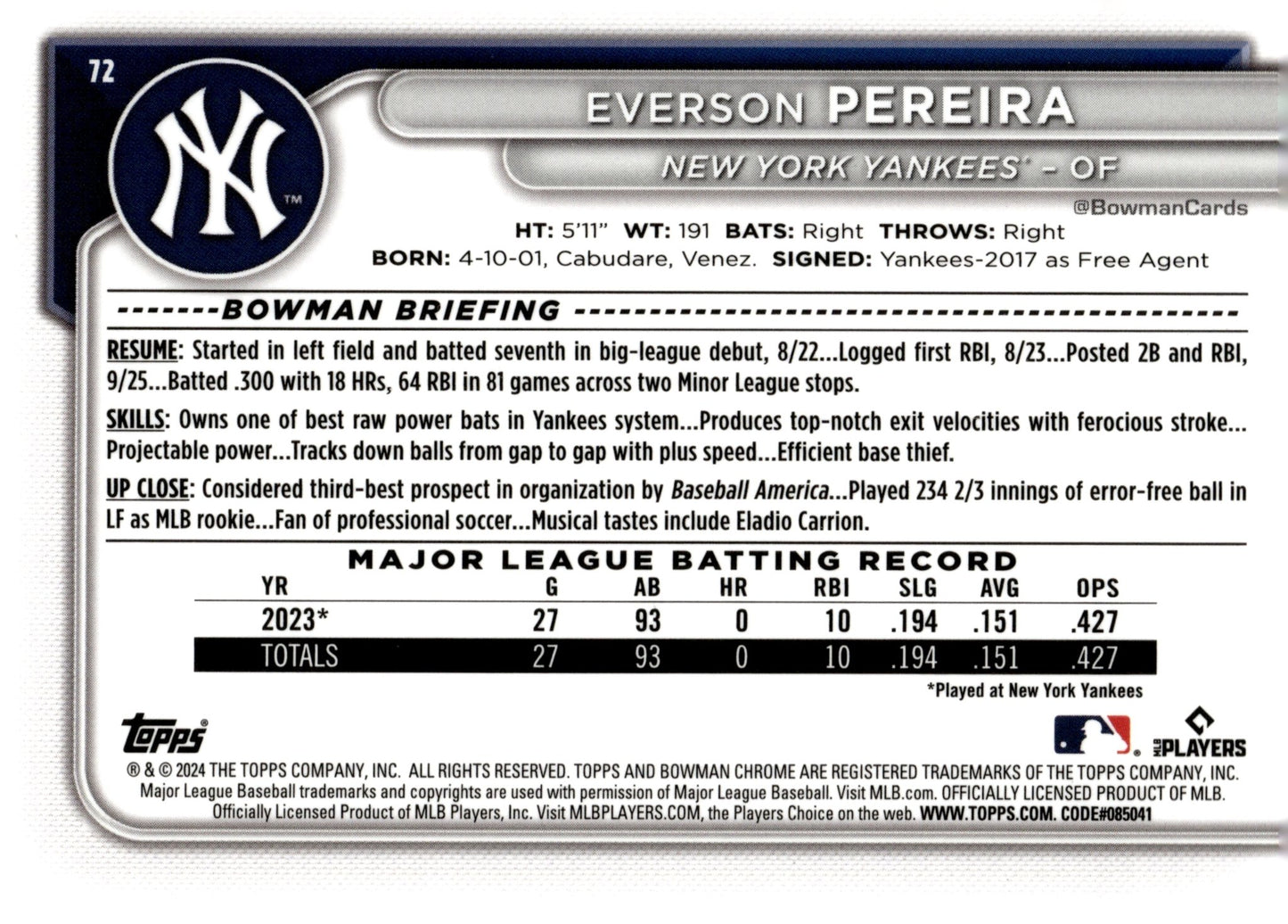 Everson Pereira 2024 Bowman Chrome RC 72 - Collector Store LLC