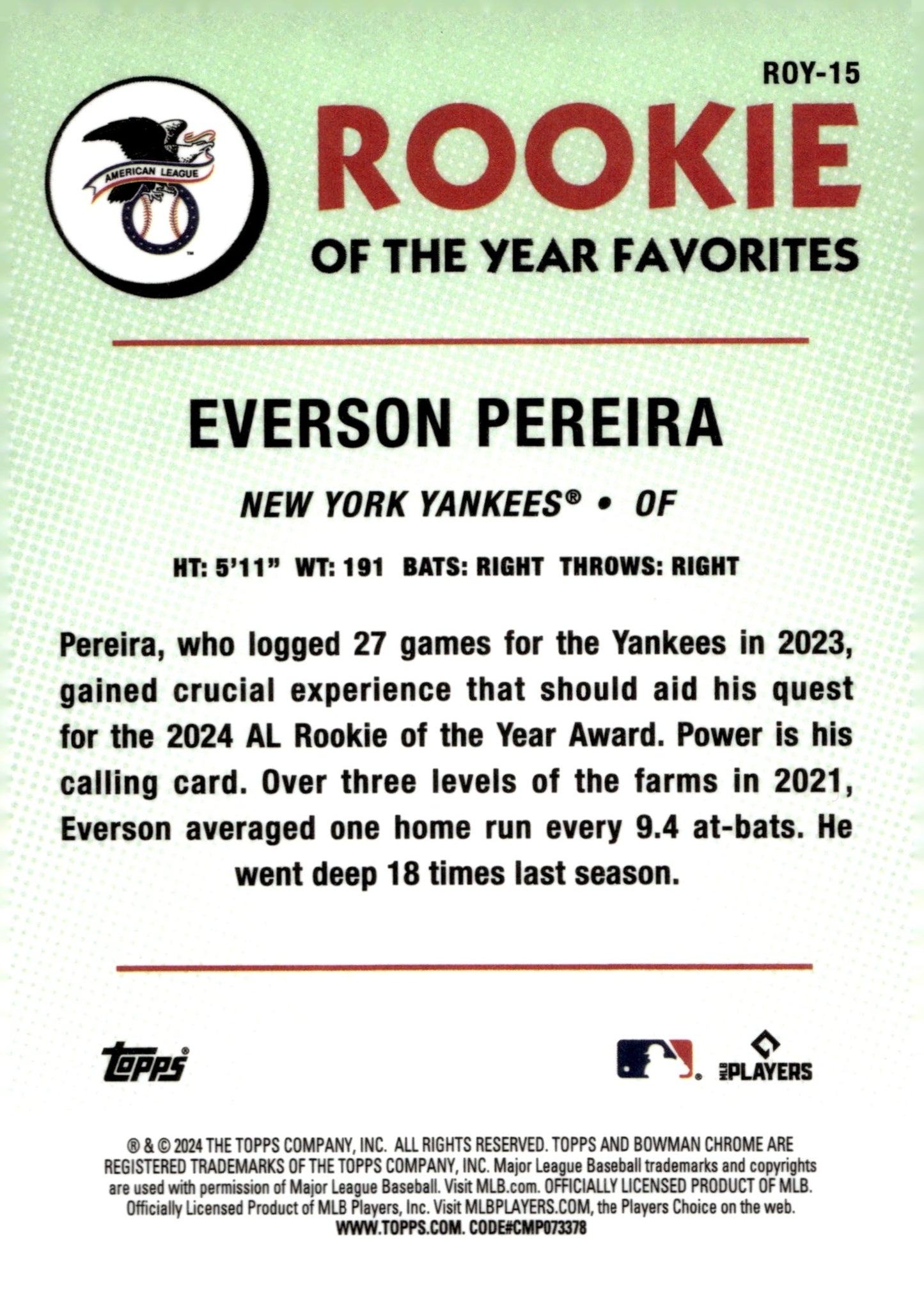 Everson Pereira 2024 Bowman Chrome Rookie of Year Green Mojo Refractor RC #ROY15 - Collector Store LLC