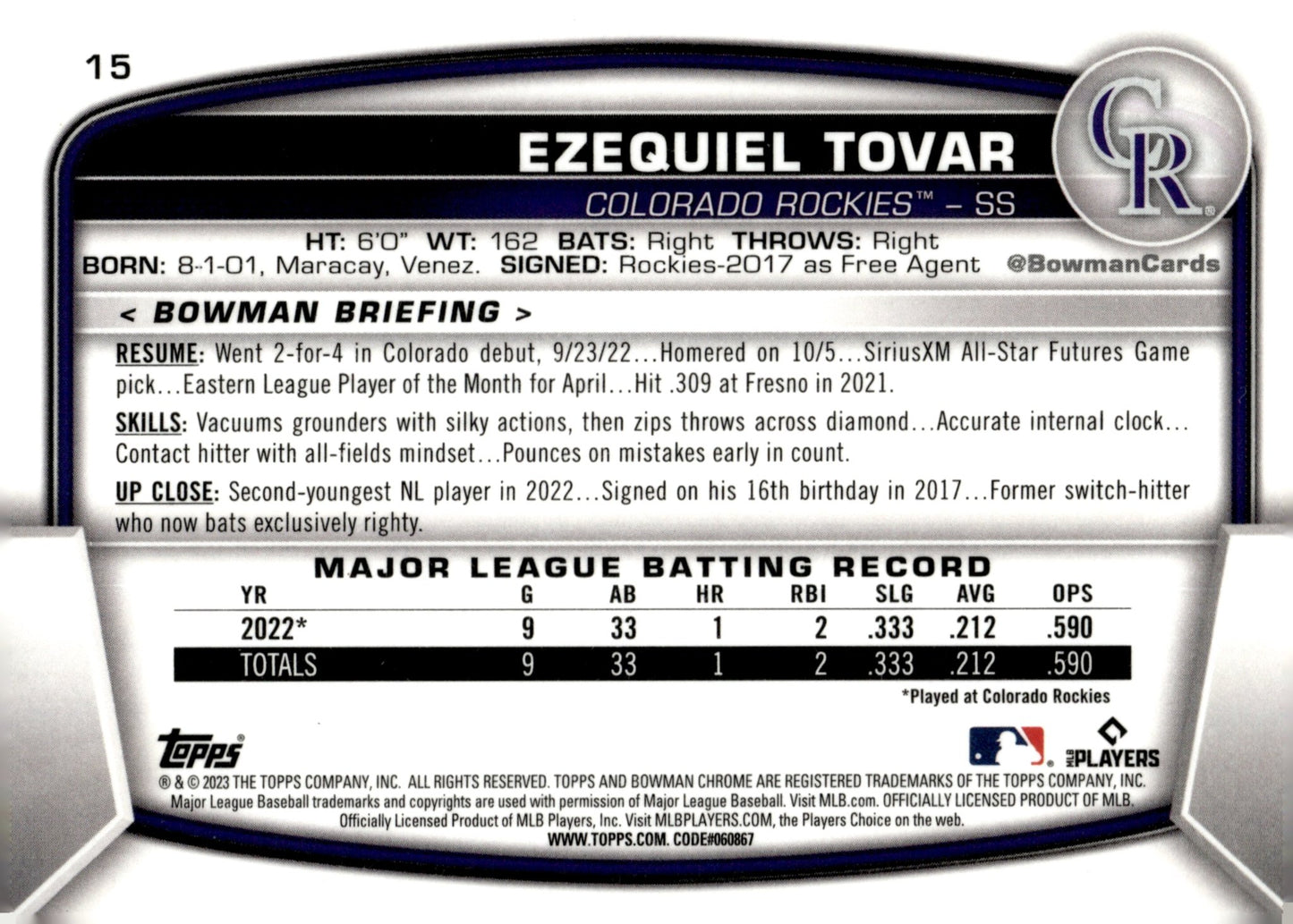 Ezequiel Tovar 2023 Bowman Chrome Mojo Refractor RC #15 - Collector Store LLC