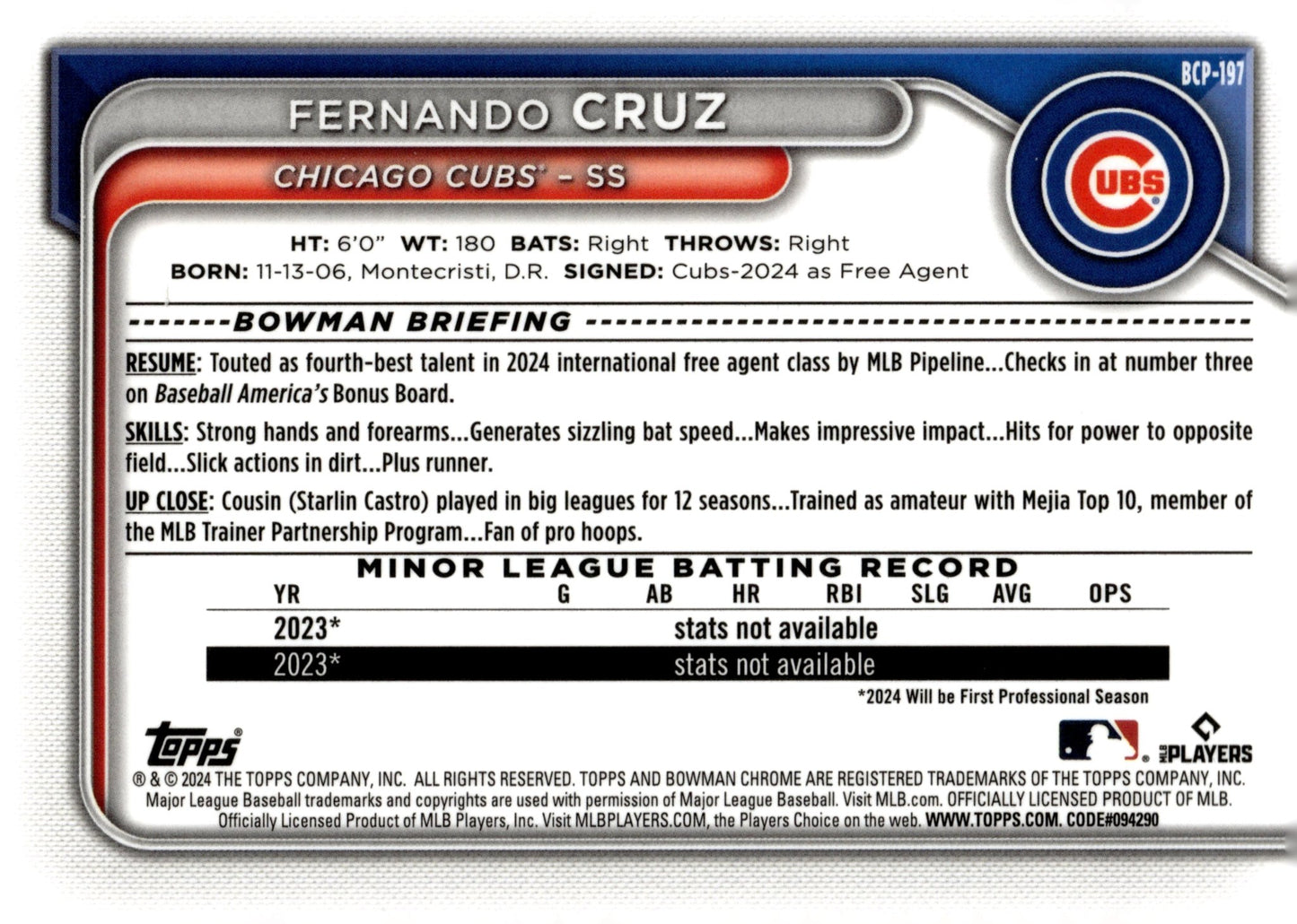 Fernando Cruz 2024 Bowman Chrome Mojo Refractor BCP - 197 1 - Collector Store LLC