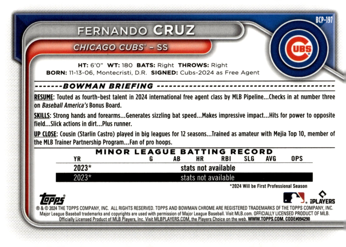 Fernando Cruz 2024 Bowman Chrome Mojo Refractor BCP - 197 2 - Collector Store LLC