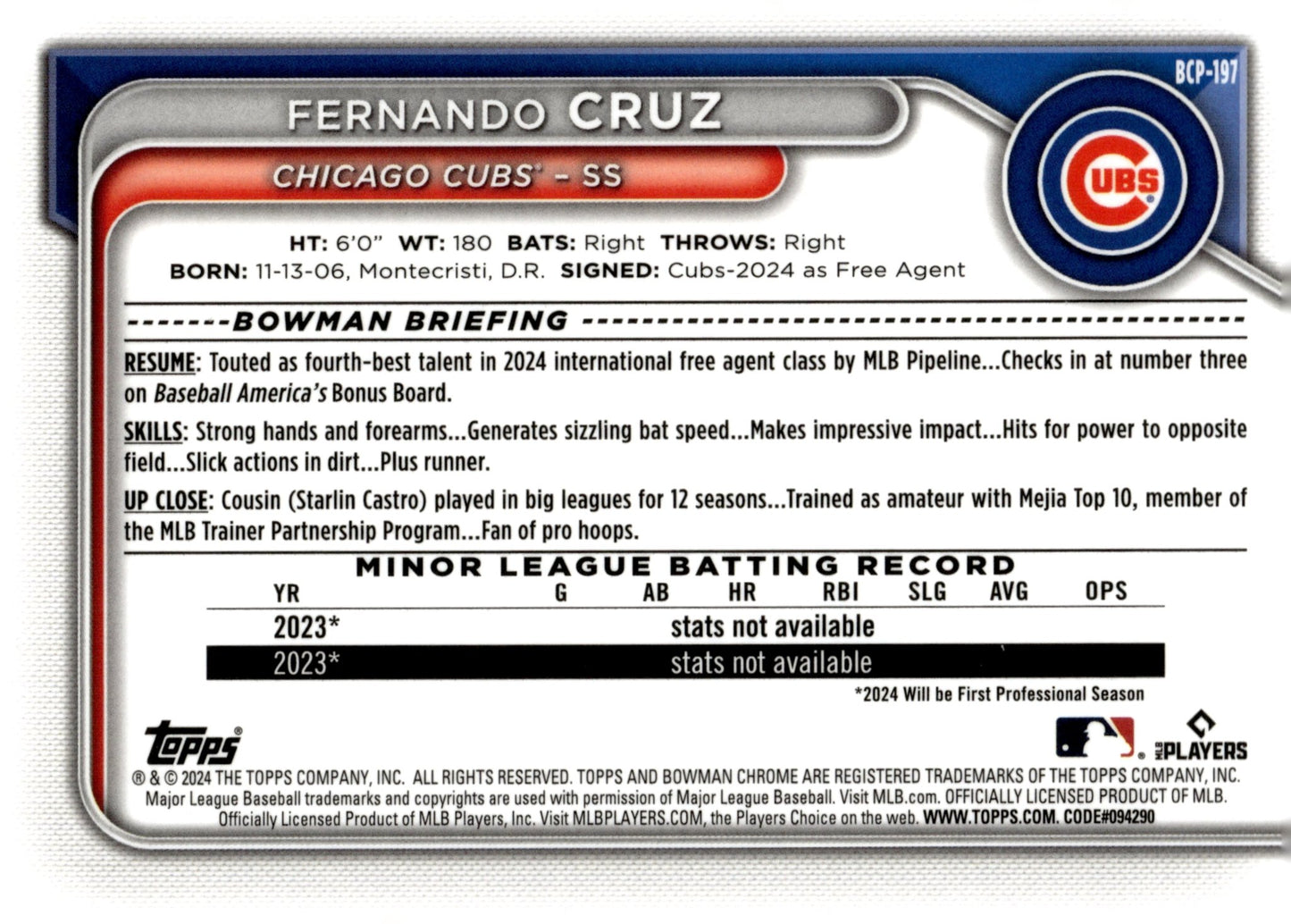 Fernando Cruz 2024 Bowman Chrome Mojo Refractor BCP - 197 3 - Collector Store LLC