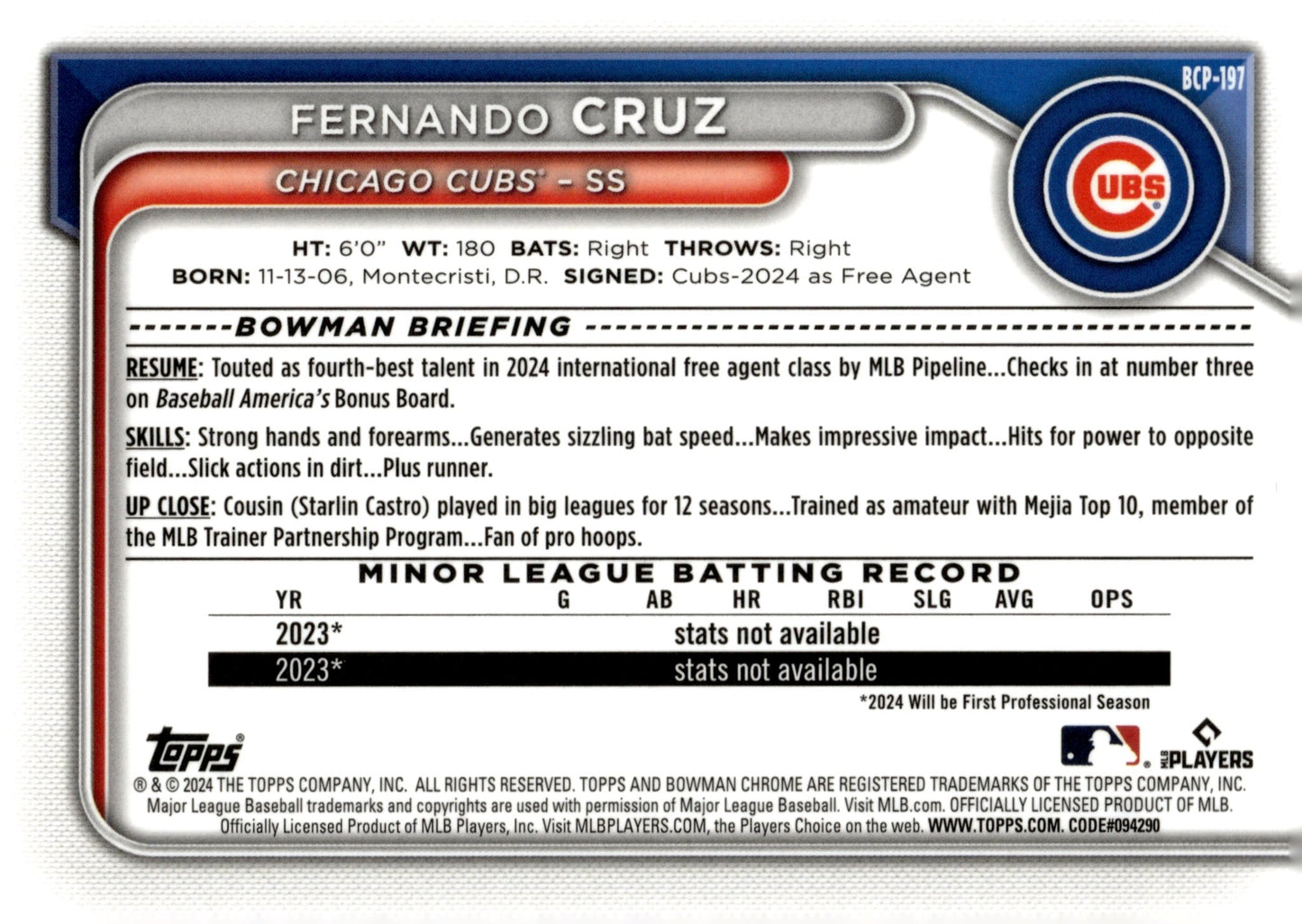 Fernando Cruz 2024 Bowman Chrome Mojo Refractor BCP - 197 4 - Collector Store LLC