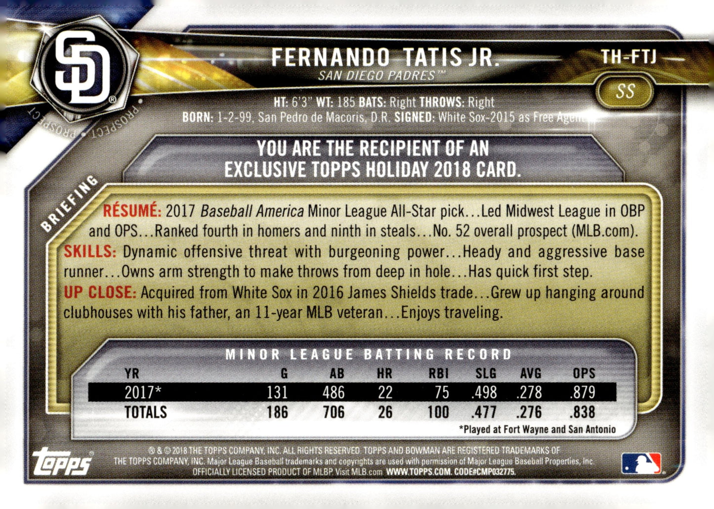 Fernando Tatis Jr. 2018 Bowman Holiday Prospect TH - FTJ - Collector Store LLC