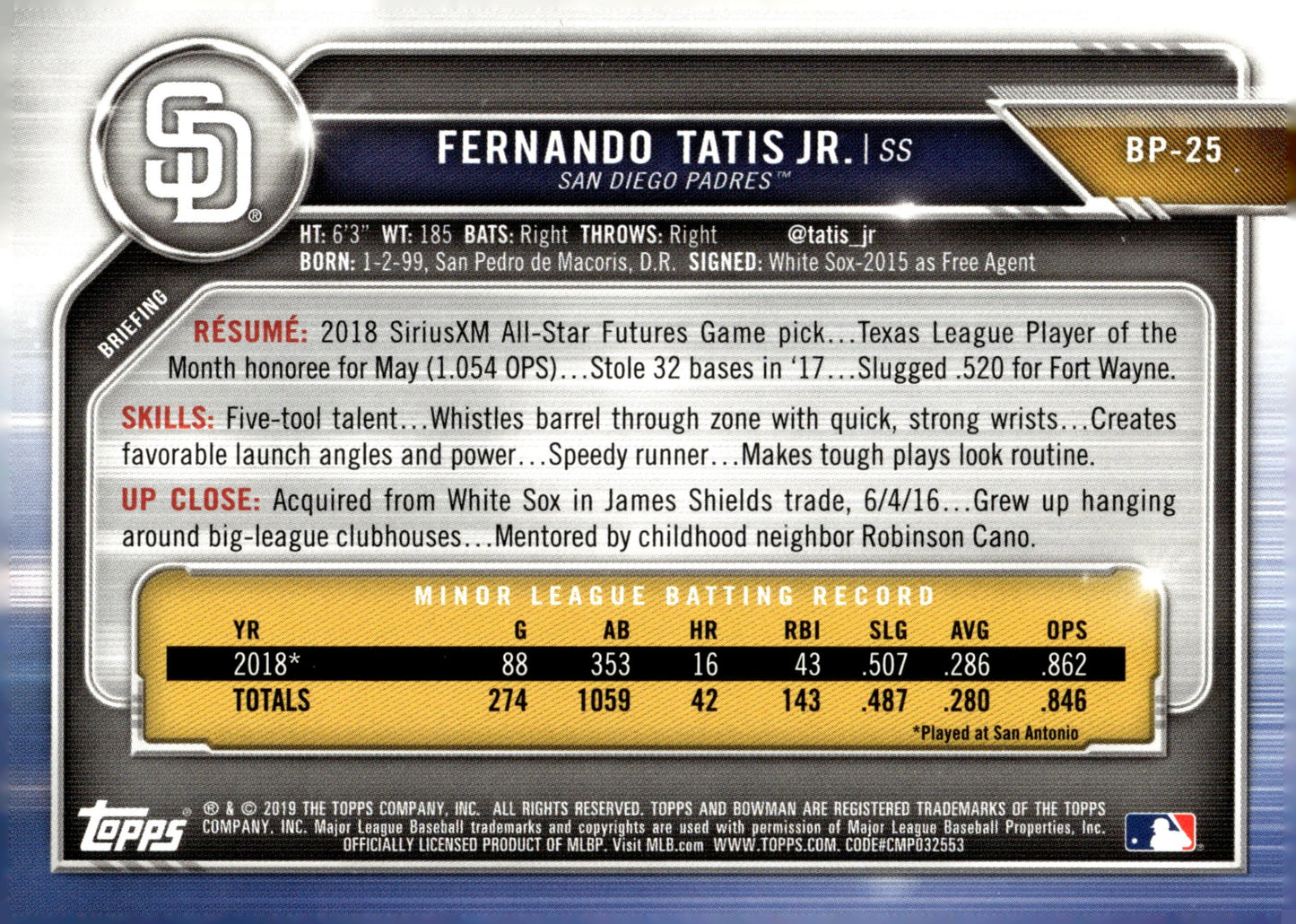 Fernando Tatis Jr. 2019 Bowman BP - 25 - Collector Store LLC