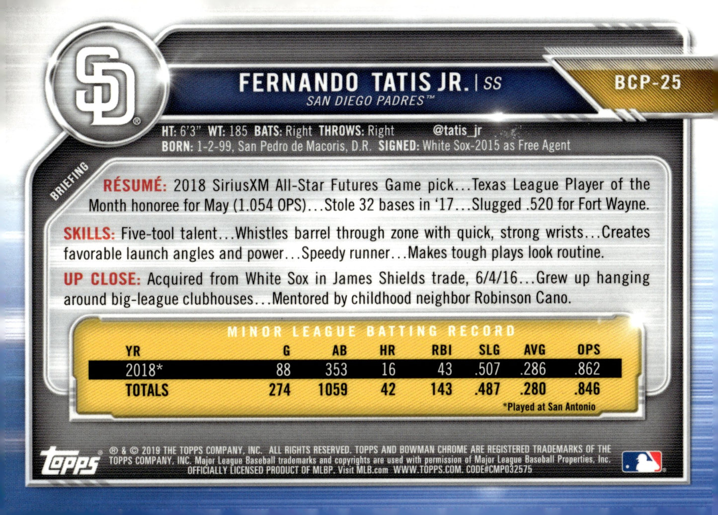 Fernando Tatis Jr. 2019 Bowman Chrome BCP - 25 - Collector Store LLC