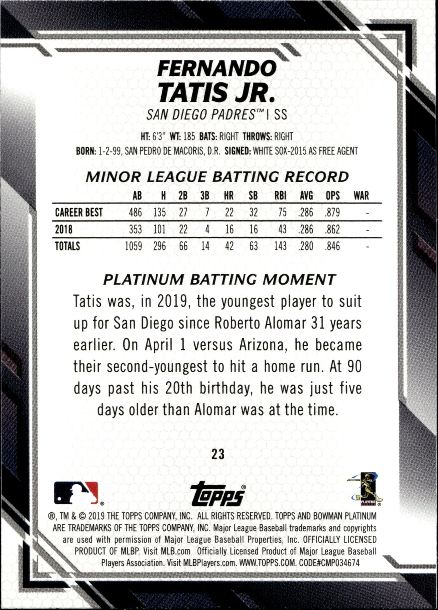 Fernando Tatis Jr. 2019 Bowman Platinum RC #23 - Collector Store LLC