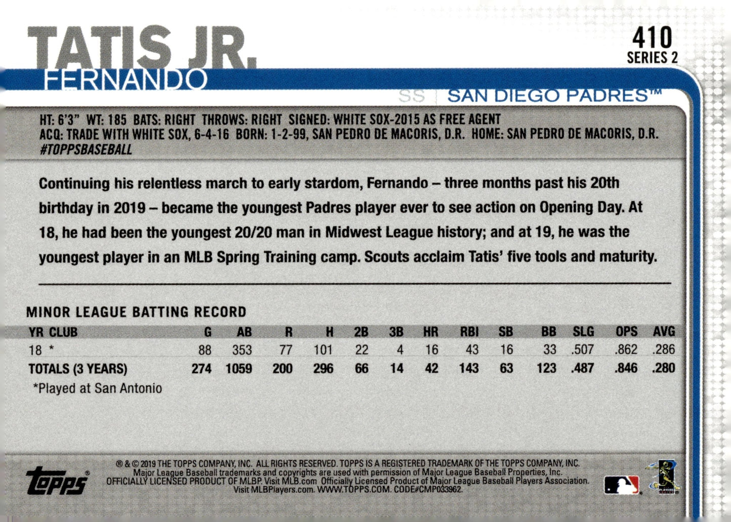 Fernando Tatis Jr. 2019 Topps Series 2 RC #410 #2 - Collector Store LLC