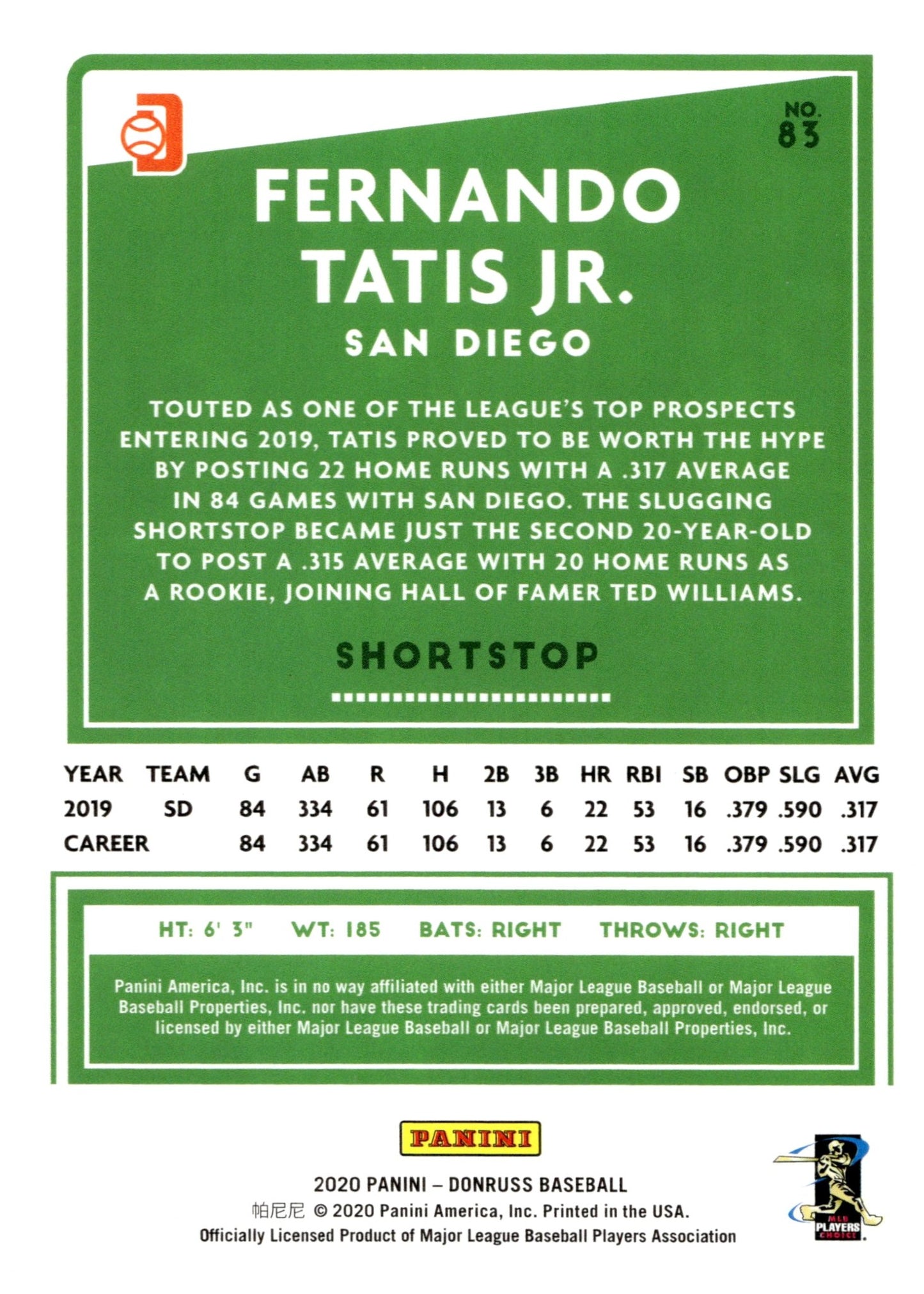 Fernando Tatis Jr. 2020 Panini Donruss El Nino Blue Holo 83 - Collector Store LLC