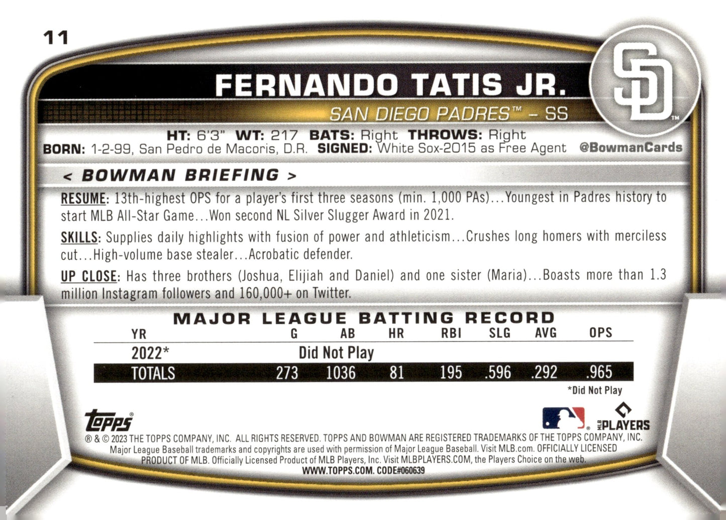 Fernando Tatis Jr. 2023 Bowman 11 - Collector Store LLC