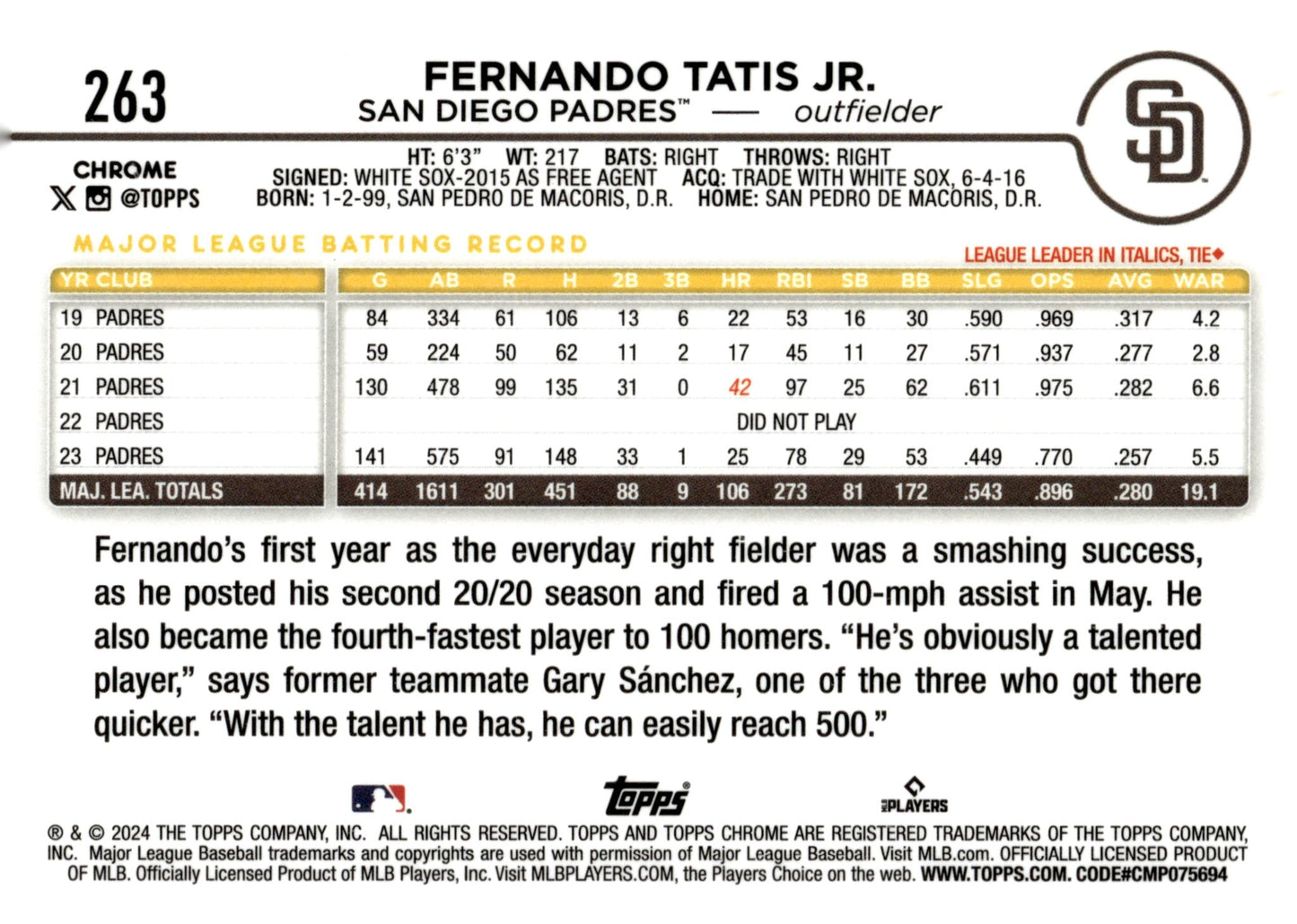 Fernando Tatis Jr. 2024 Topps Chrome Sepia Refractor 263 - Collector Store LLC