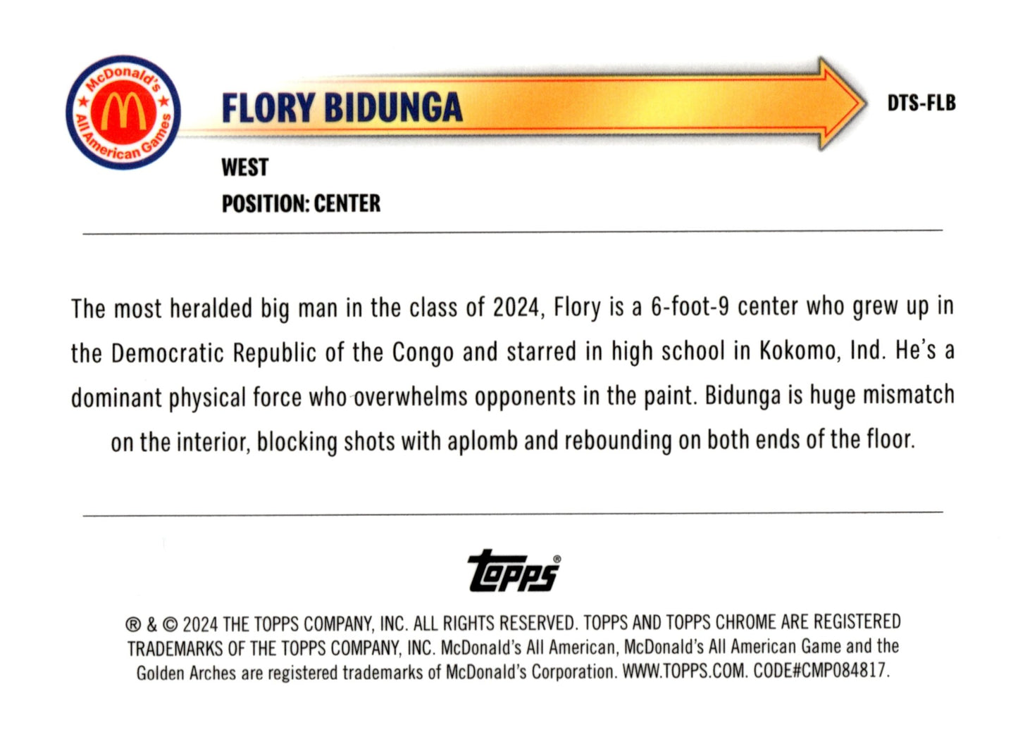 Flory Bidunga 2024 Topps Chrome McDonald's All American Drive - Thru Blue Ray Wave - Collector Store LLC