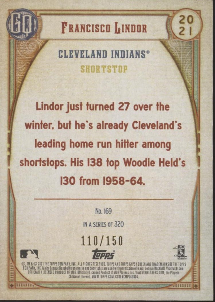 Francisco Lindor 2021 Topps Gypsy Queen Blue 110/150 - Collector Store LLC
