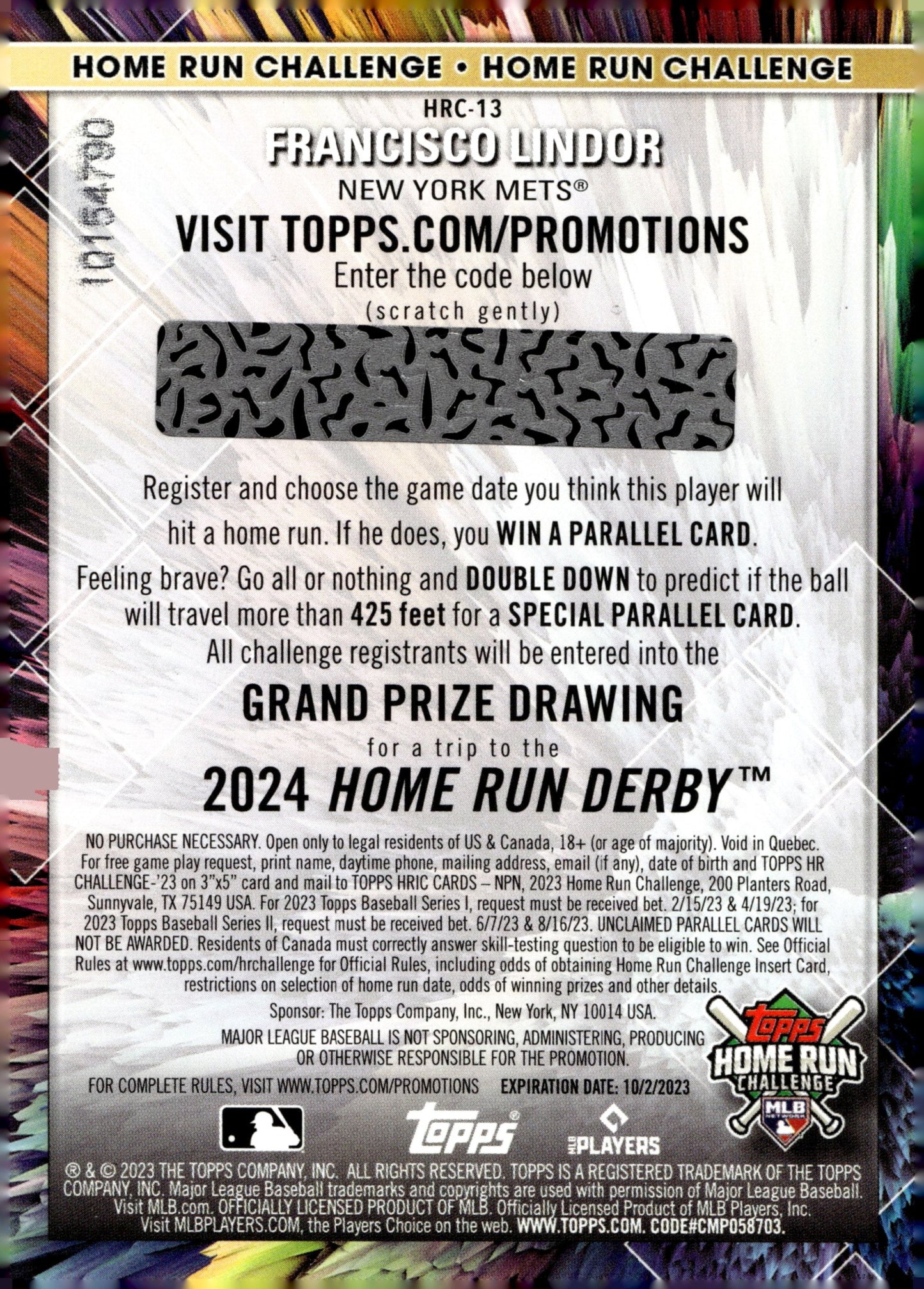 Francisco Lindor 2023 Topps Home Run Challenge HRC - 13 - Collector Store LLC