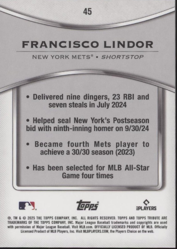 Francisco Lindor 2025 Topps Tribute 45 - Collector Store LLC