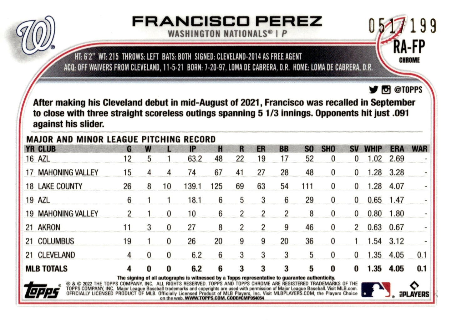 Francisco Perez 2022 Topps Chrome Aqua Wave Refractor Auto 051/199 #RA - FP - Collector Store LLC
