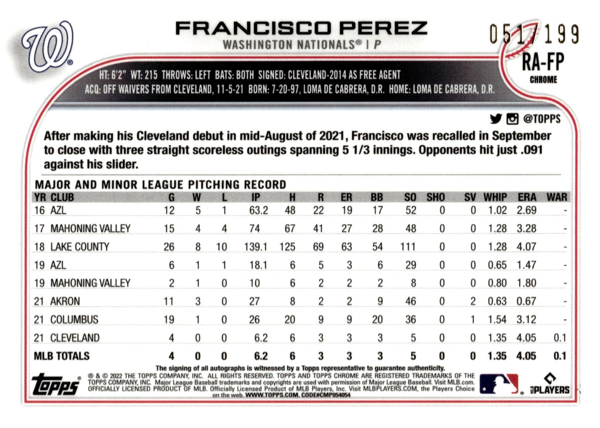 Francisco Perez 2022 Topps Chrome Aqua Wave Refractor Auto 051/199 #RA - FP - Collector Store LLC