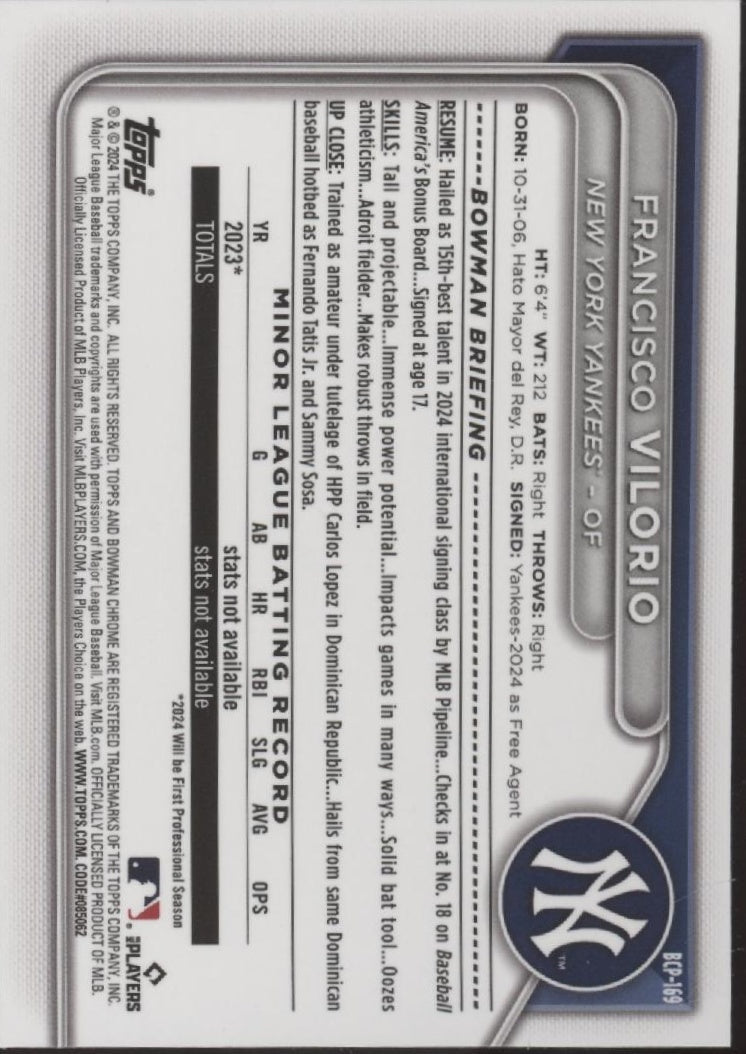 Francisco Vilorio 2024 Bowman Chrome Gold Scale Refractor 43/50 #BCP - 169 - Collector Store LLC