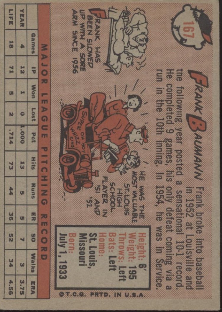 Frank Baumann 1958 Topps RC #167 Boston Red Sox EX - Collector Store LLC