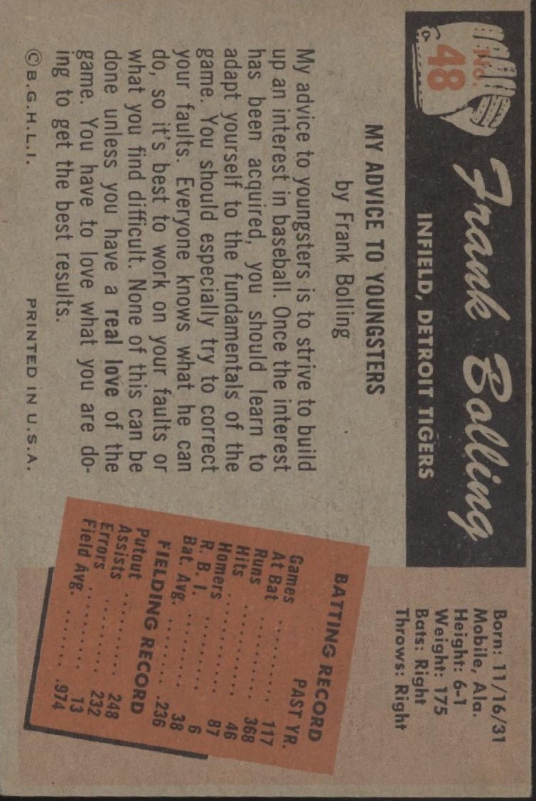 Frank Bolling 1955 Bowman #204A Detroit Tigers EX - Collector Store LLC