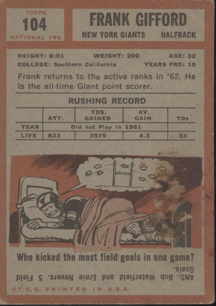 Frank Gifford 1962 Topps 104 New York Giants VG - Collector Store LLC