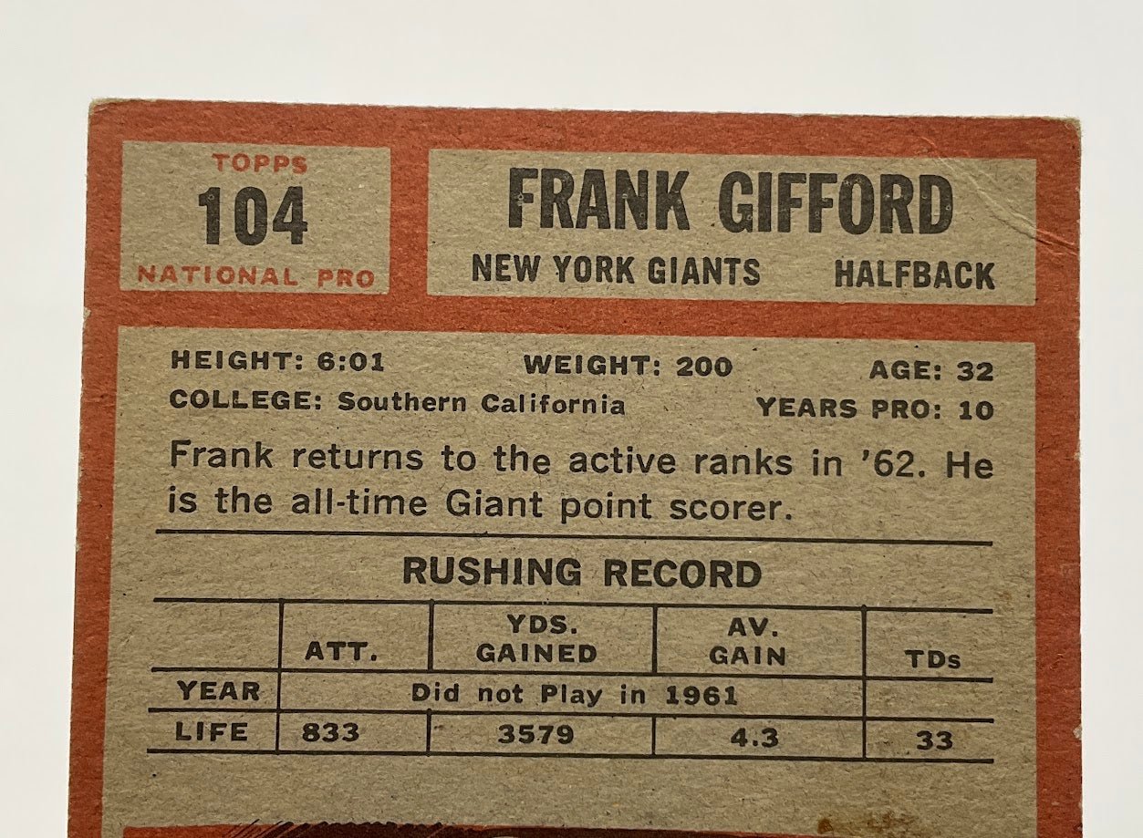 Frank Gifford 1962 Topps 104 New York Giants VG - Collector Store LLC