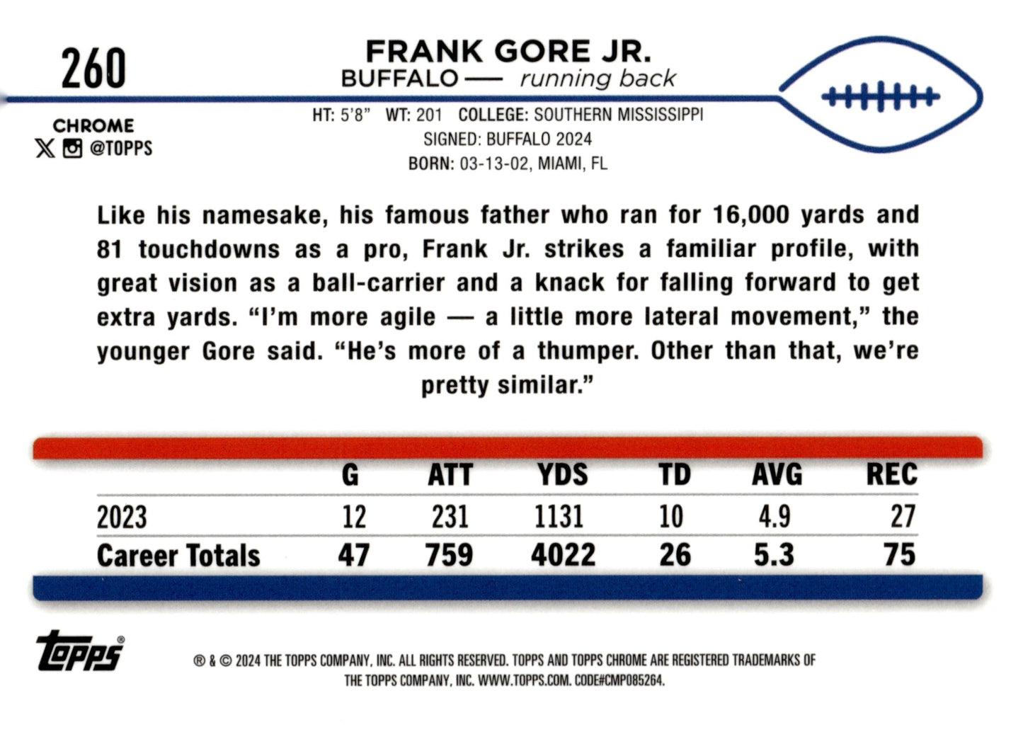 Frank Gore Jr. 2024 Topps Chrome Fuchsia Refractor RC 279/399 #260 - Collector Store LLC