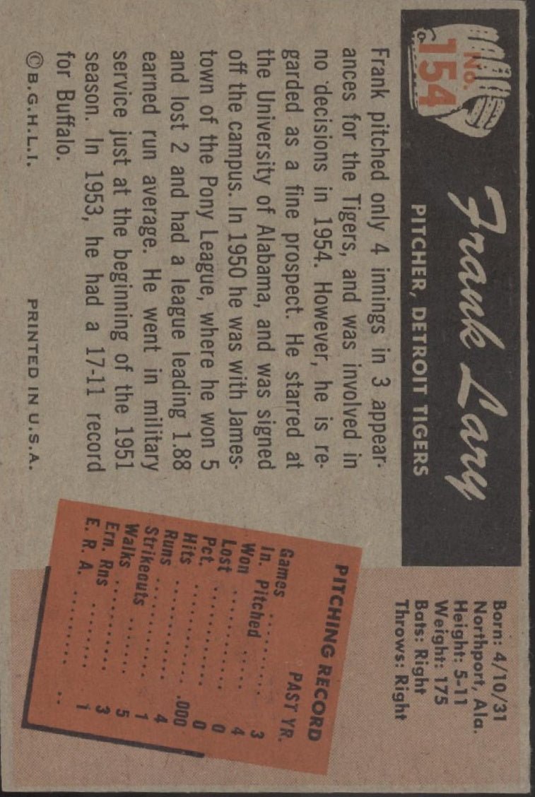 Frank Lary 1955 Bowman RC #154 Detroit Tigers VG - EX - Collector Store LLC