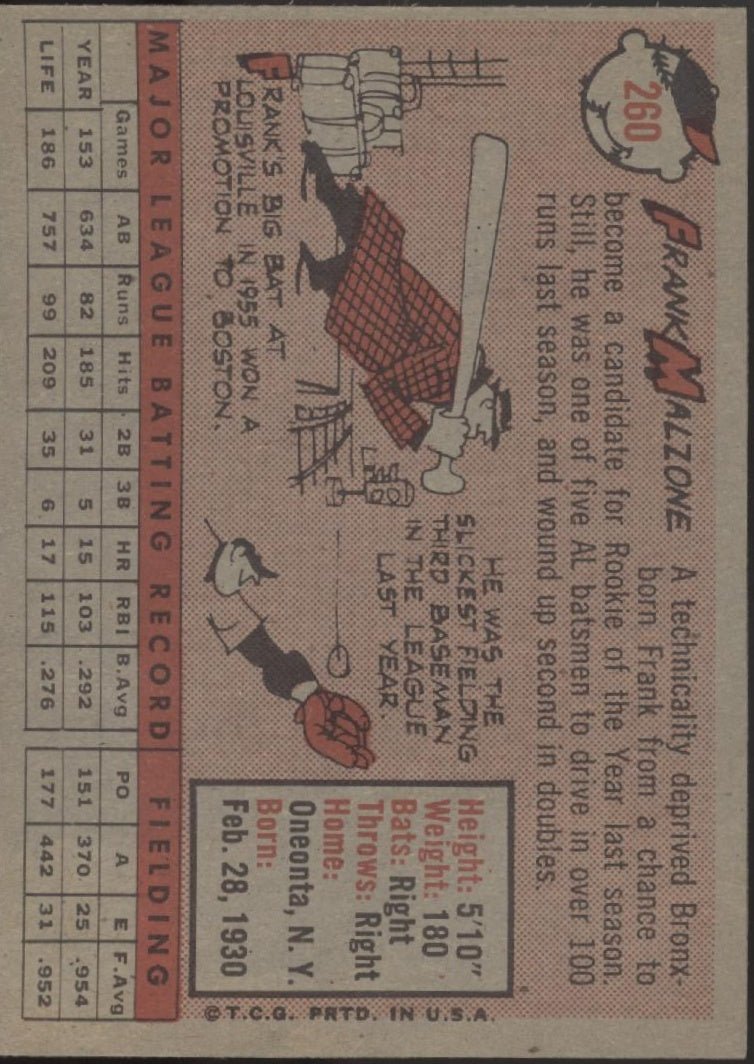 Frank Malzone 1958 Topps #260 Boston Red Sox EX - Collector Store LLC