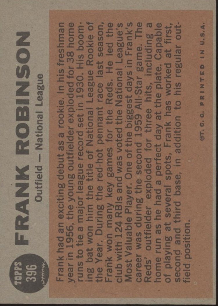 Frank Robinson 1962 Topps Sporting News #396 Cincinnati Reds VG - EX - Collector Store LLC