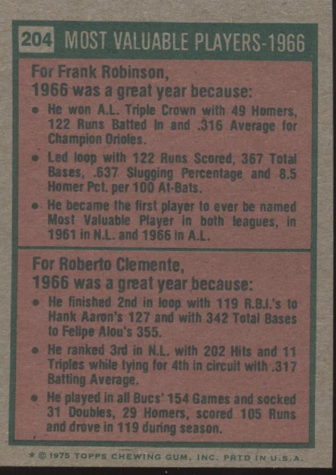 Frank Robinson / Bob Clemente 1975 Topps MVP Mini #204 VG - EX - Collector Store LLC