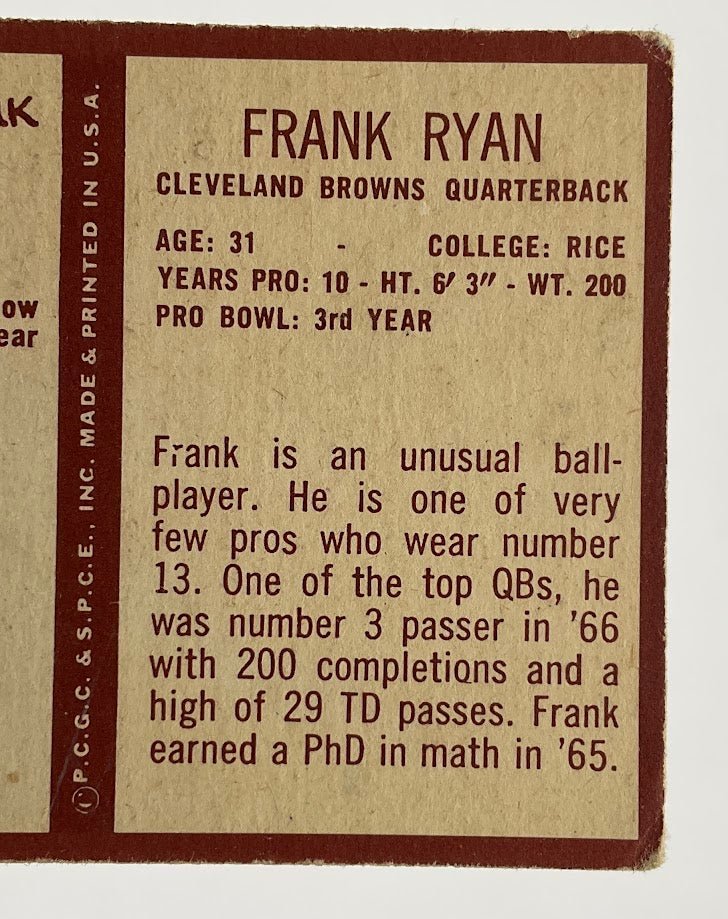 Frank Ryan 1967 Philadelphia #44 Cleveland Browns GD - Collector Store LLC