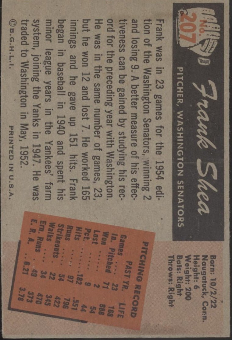 Frank Shea 1955 Bowman #207 Washington Senators VG #2 - Collector Store LLC