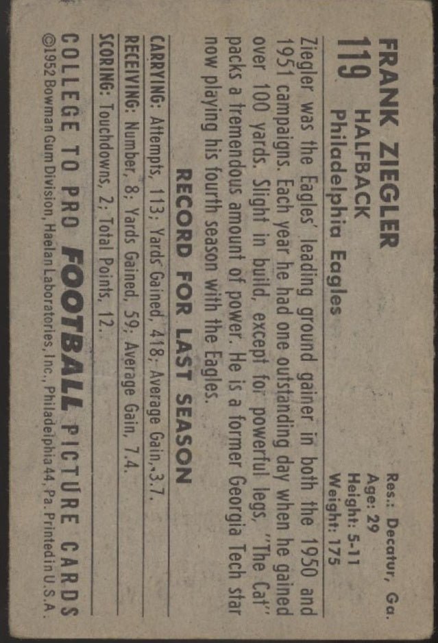 Frank Ziegler 1952 Bowman Mini RC #119 Philadelphia Eagles GD - Collector Store LLC