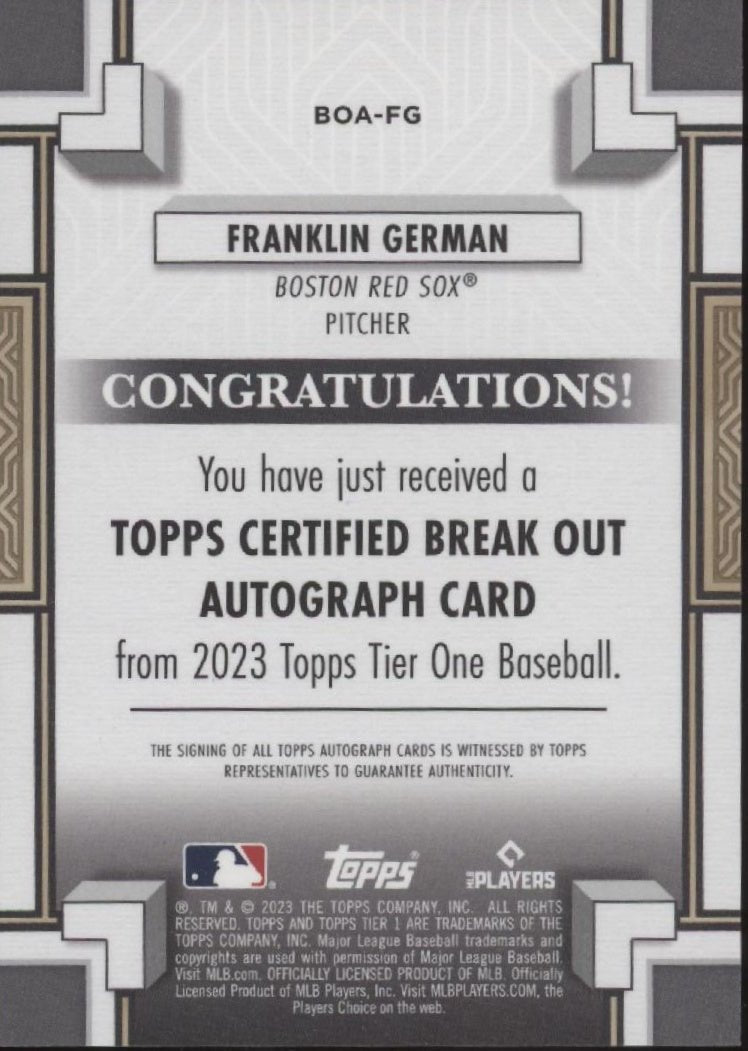 Franklin German 2023 Topps Tier One RC Auto 192/299 #BOA - FG - Collector Store LLC