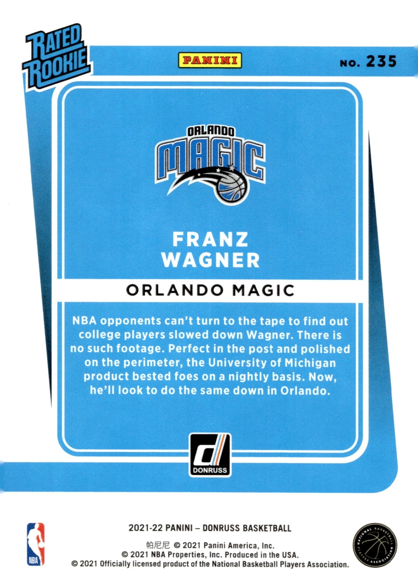 Franz Wagner 2021 - 22 Panini Donruss Rated Rookie RC #235 - Collector Store LLC