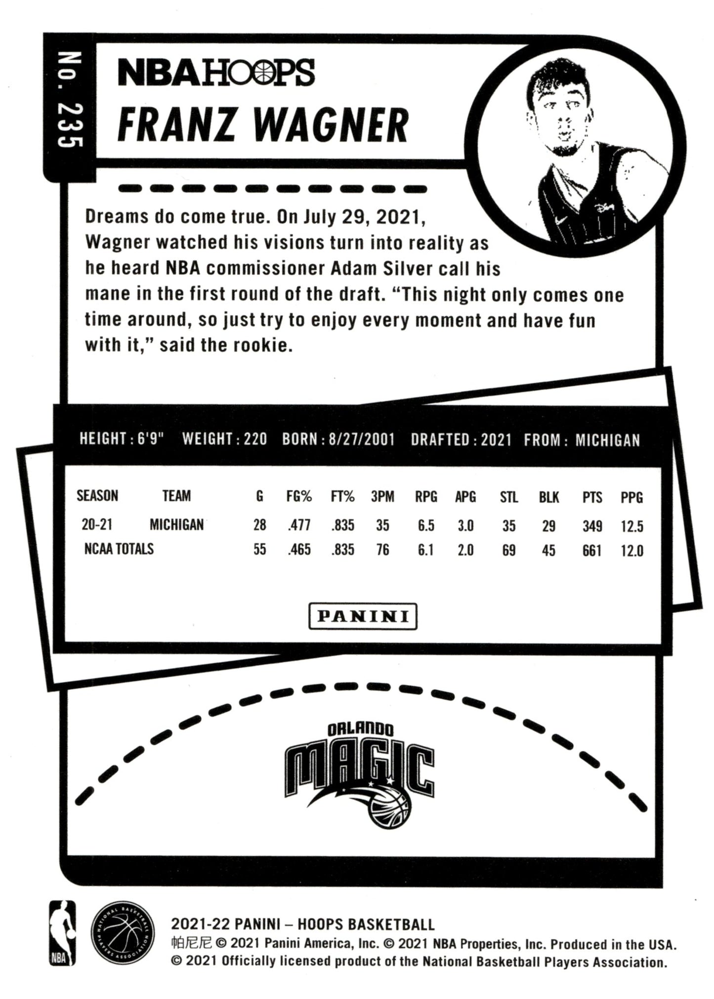 Franz Wagner 2021 - 22 Panini Hoops Gold RC #235 - Collector Store LLC