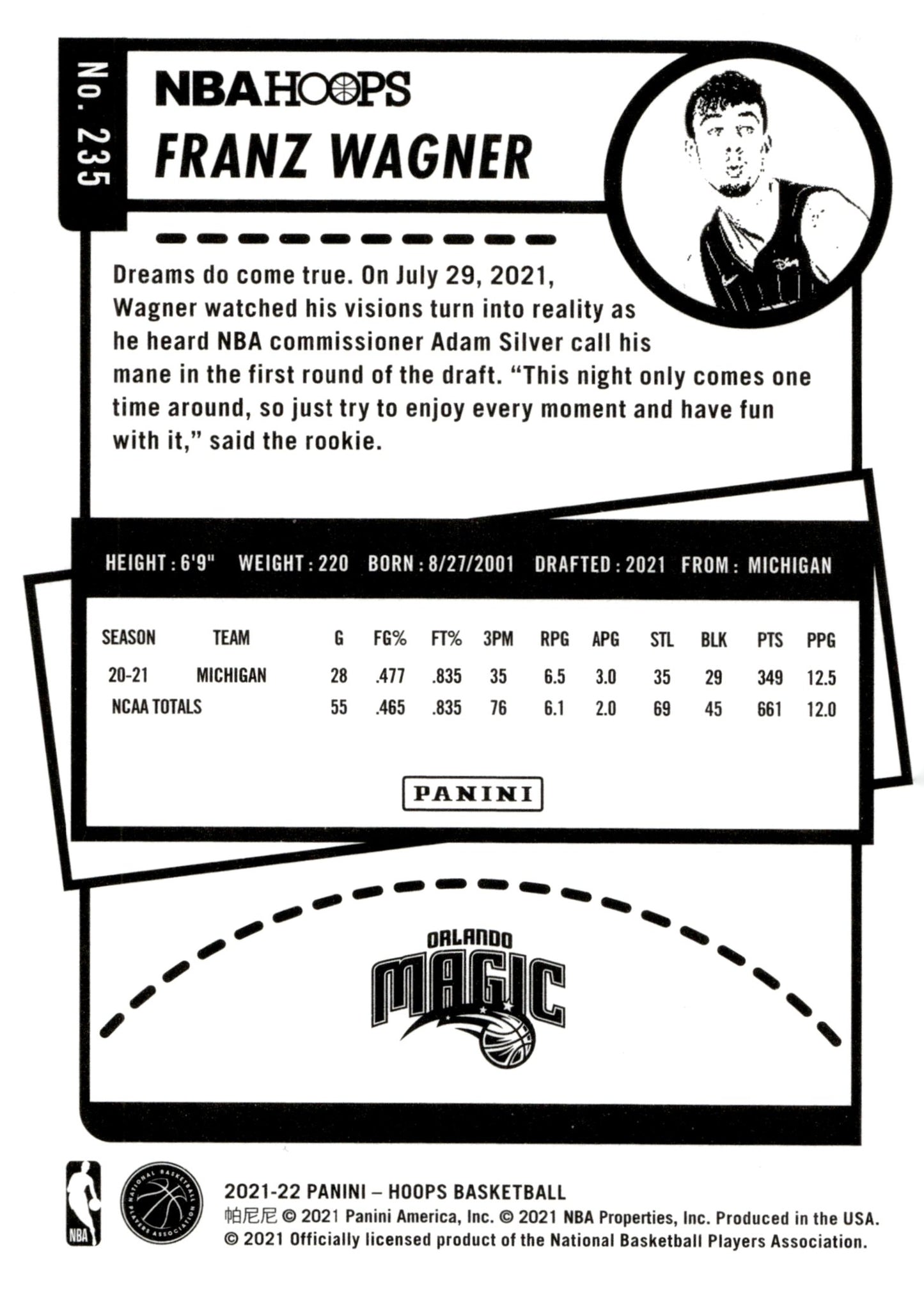 Franz Wagner 2021 - 22 Panini Hoops RC #235 - Collector Store LLC