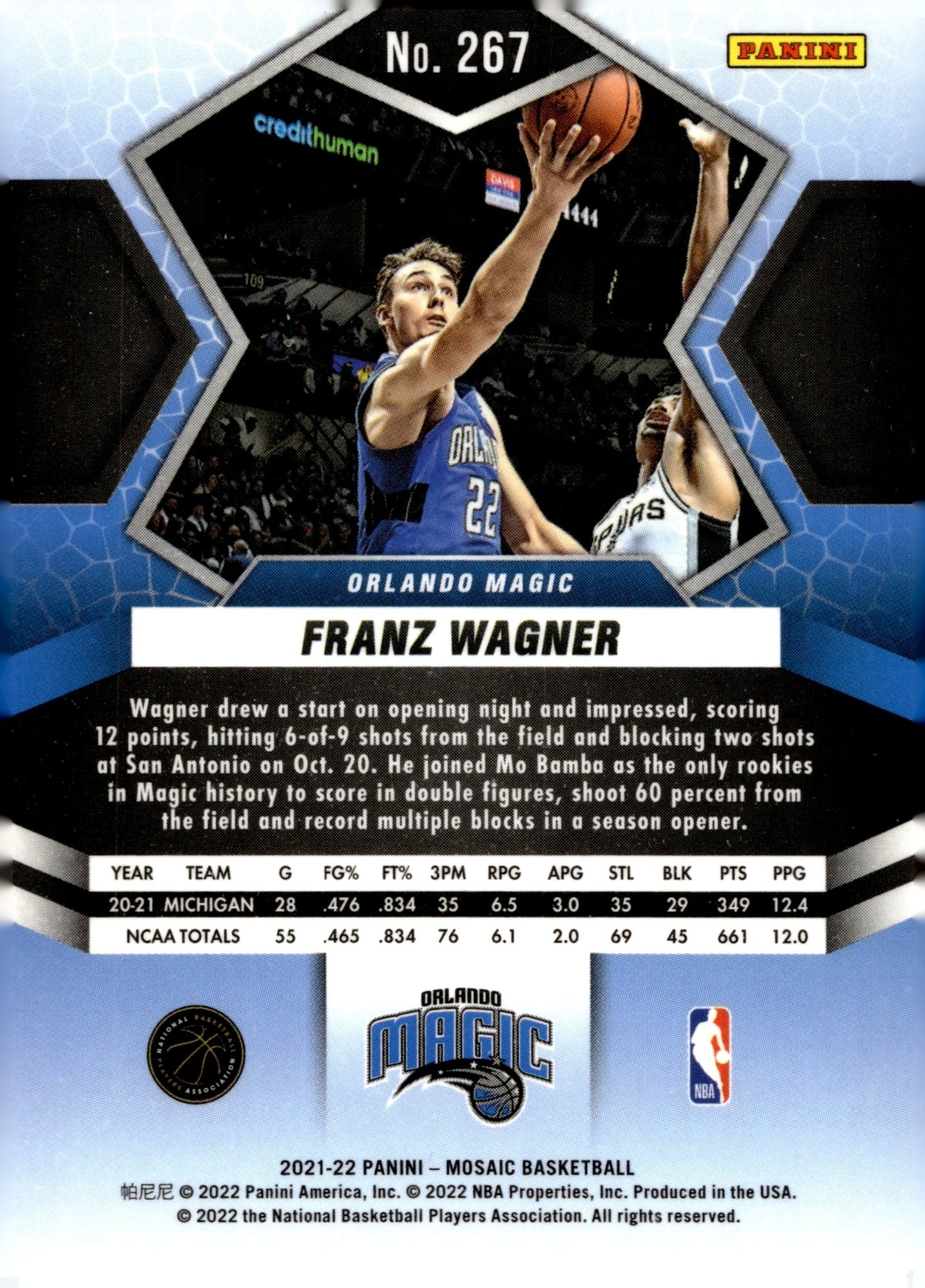 Franz Wagner 2021 - 22 Panini Mosaic RC #267 #2 - Collector Store LLC