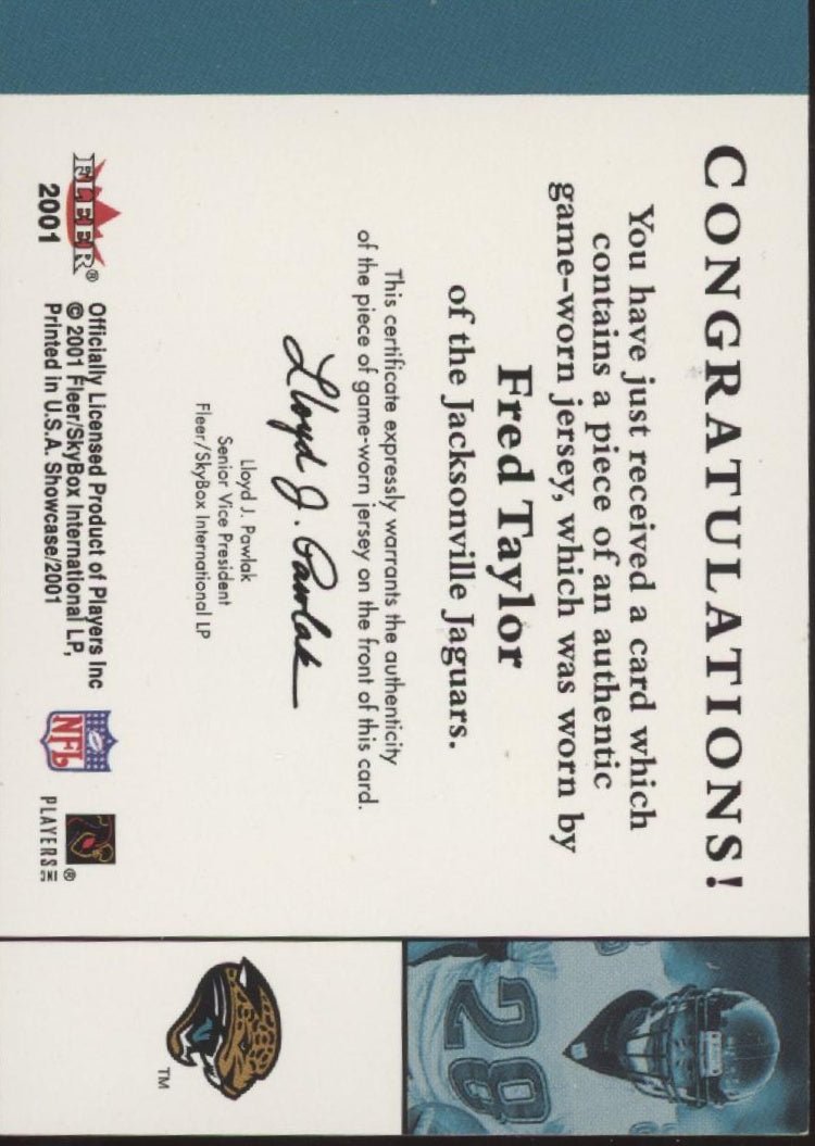 Fred Taylor 2001 Fleer Showtime Showcase Stitches Swatch Card - Collector Store LLC