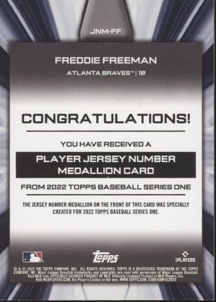 Freddie Freeman 2022 Topps Series 1 Player Jersey Number Medallion #JNM - FF - Collector Store LLC