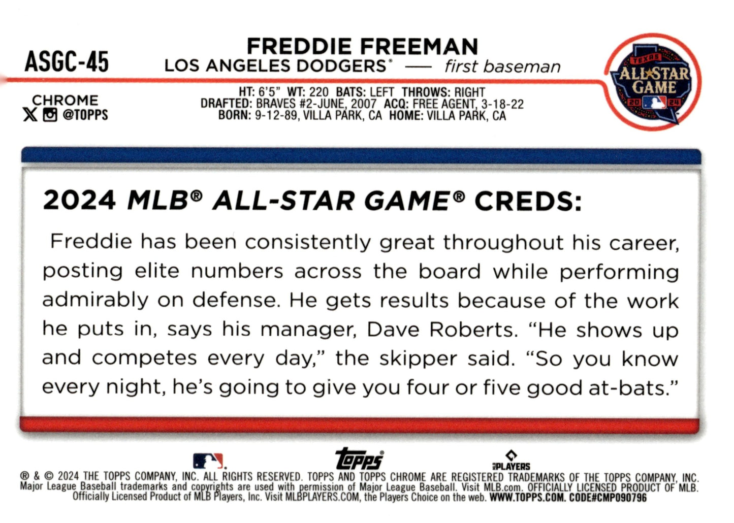 Freddie Freeman 2024 Topps Chrome All Star Game Refractor ASGC - 45 - Collector Store LLC