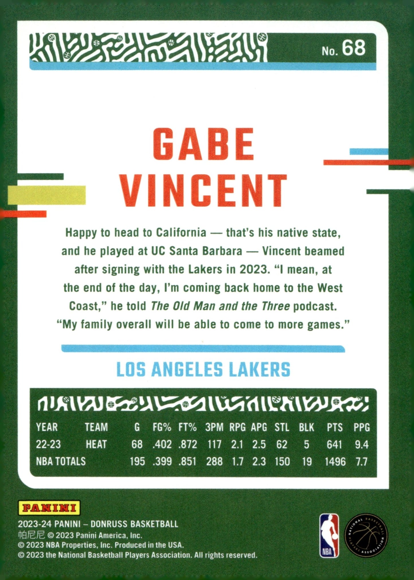 Gabe Vincent 2023 - 24 Panini Donruss Green Laser #68 - Collector Store LLC