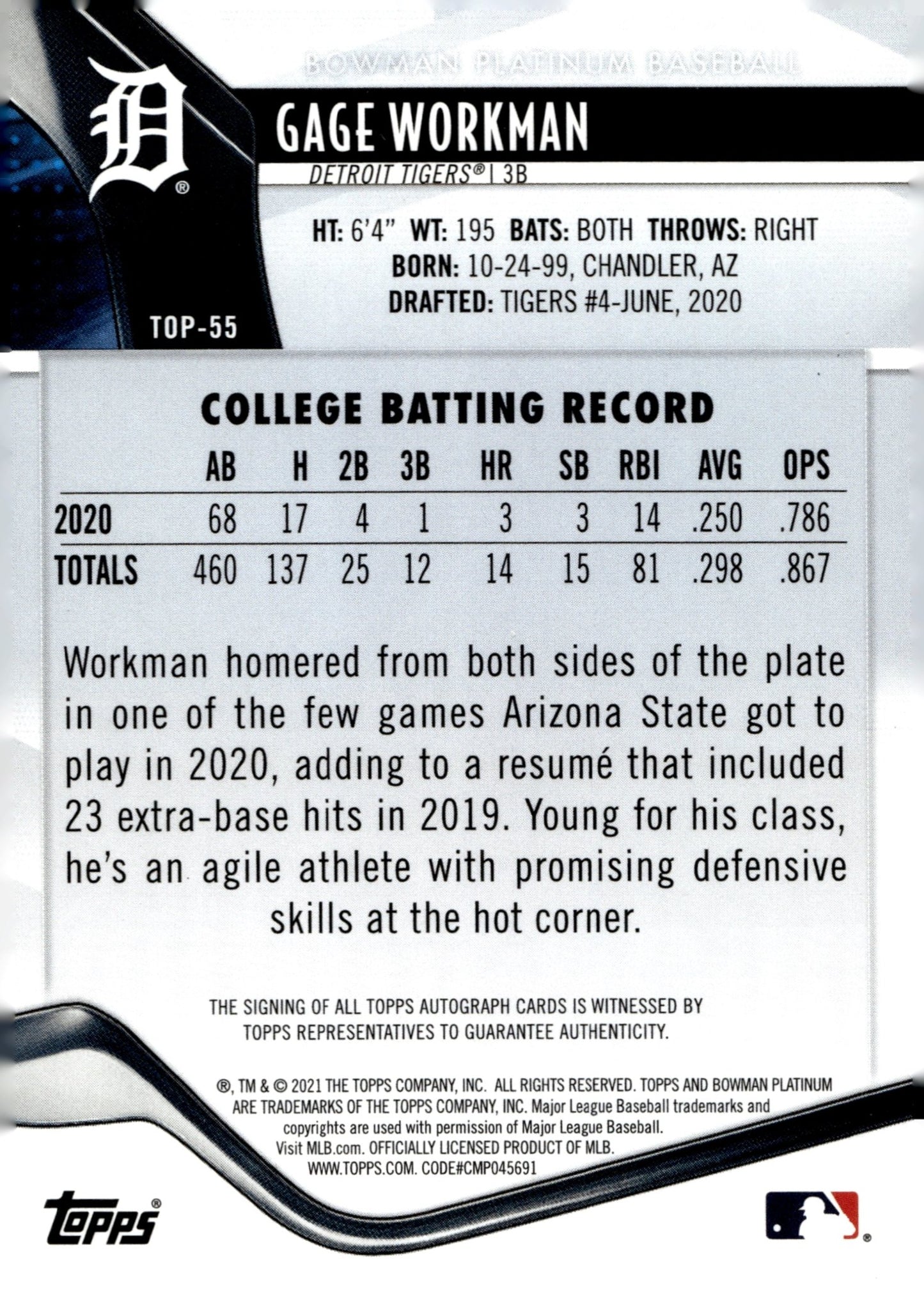 Gage Workman 2021 Bowman Platinum Red Auto 01/10 #TOP - 55 - Collector Store LLC
