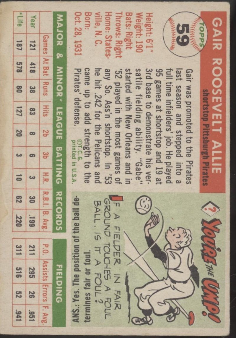 Gair Allie 1955 Topps #59 Pittsburgh Pirates VG #3 - Collector Store LLC