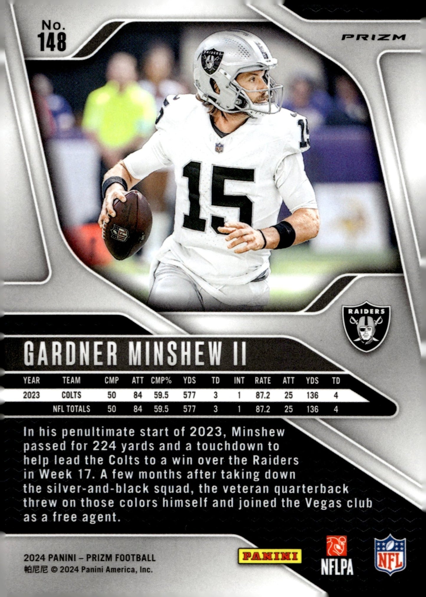 Gardner Minshew II 2024 Panini Prizm Neon Green Pulsar Prizm #148 - Collector Store LLC