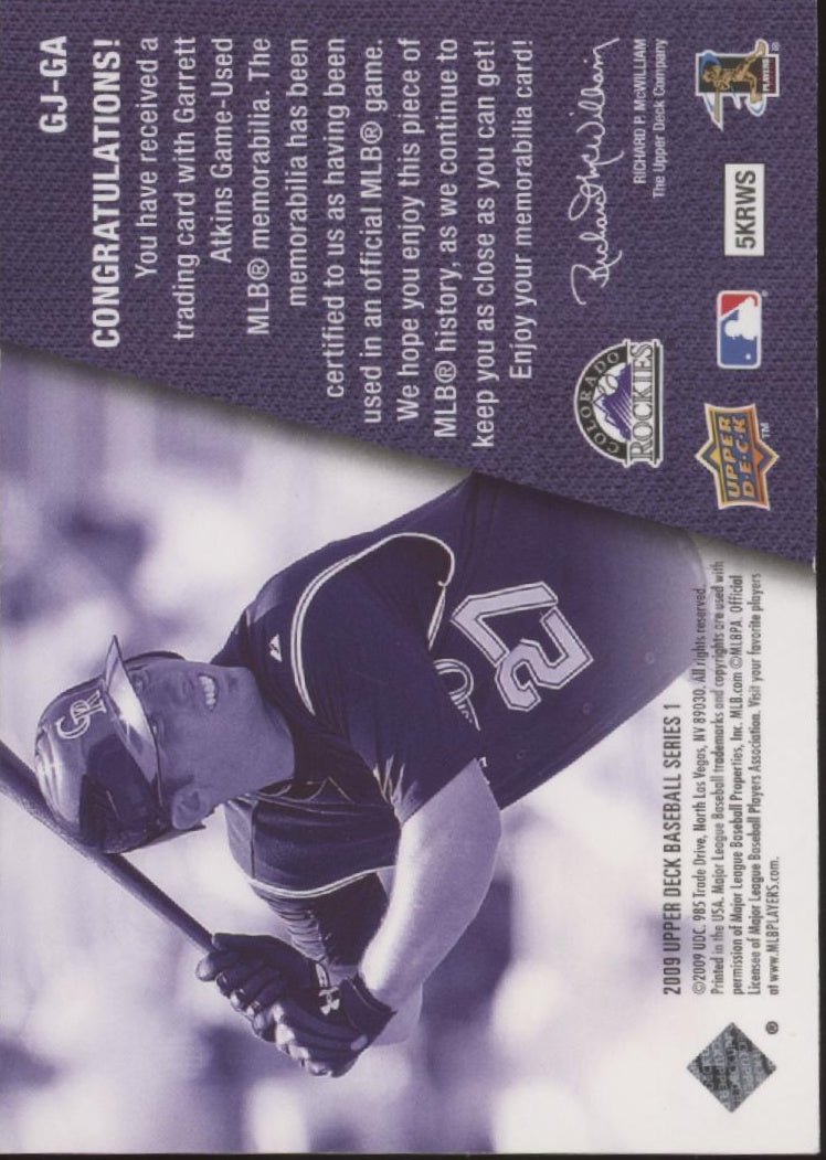 Garrett Atkins 2009 Upper Deck Series 1 Game Jersey Swatch #GJ - GA - Collector Store LLC