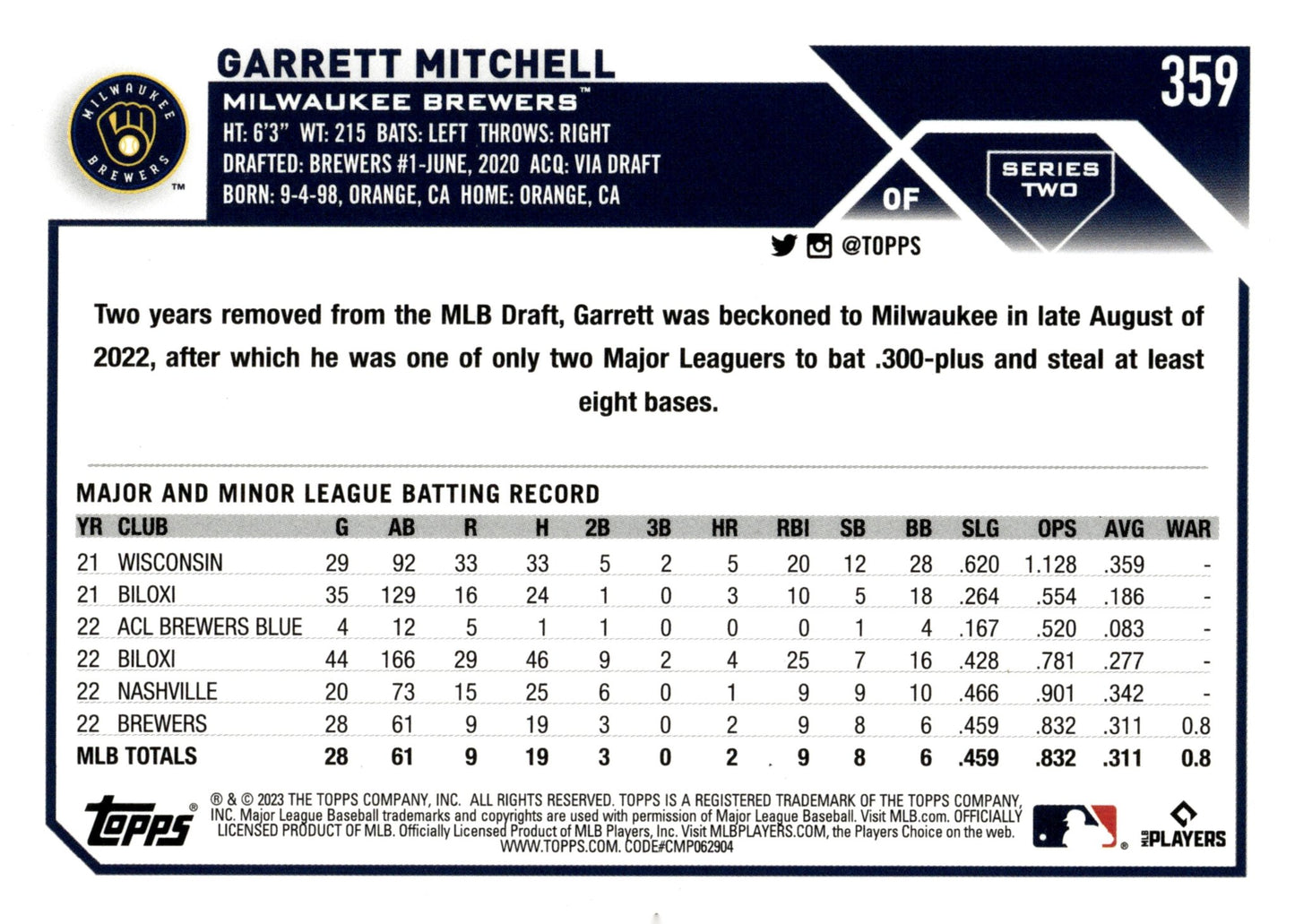 Garrett Mitchell 2023 Topps Series 2 Foil RC #359 - Collector Store LLC