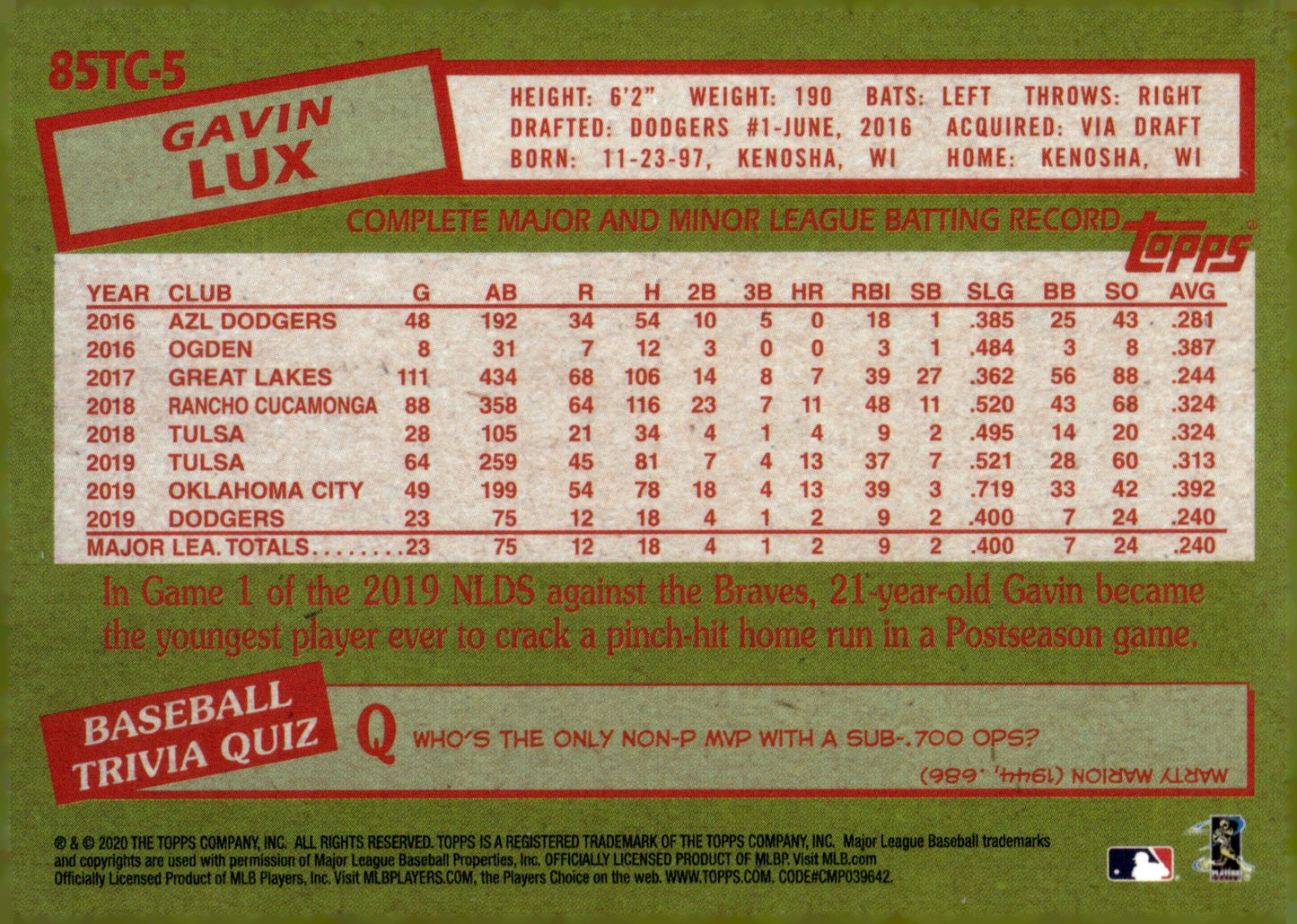 Gavin Lux 2020 Topps Chrome 35th Anniversary Refractor RC #85TC - 5 - Collector Store LLC